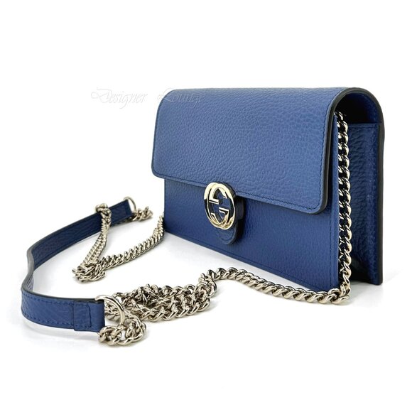 SOLD! NEW GUCCI Interlocking GG Blue Leather Crossbody Wallet On Chain Bag - Picture 5 of 15